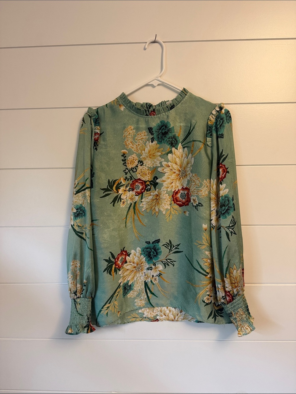 Violet & Claire Sage Green Floral Ruffle-Neck Blouse